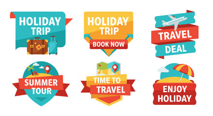 Colorful travel and holiday-themed badges and labels are displayed, with text promoting summer tours, travel deals, and booking information for vacations and getaways.