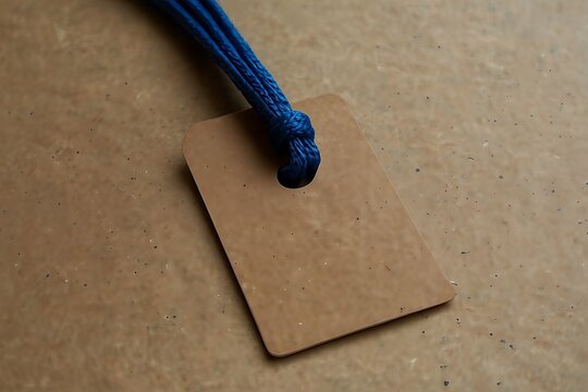 Blank kraft paper tag with blue string on textured background