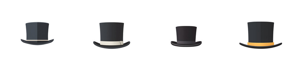 Variety of Black Top Hats Isolated on White Background