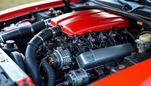 Close up view of a powerful car engine with a bright red cover revealed under the open hood.