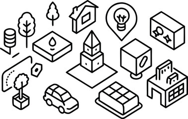 Isometric Vector Illustration Set: A meticulously crafted isometric vector illustration set presents a comprehensive array of thematic icons. This collection.
