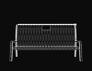 A black and white contour drawing of a park bench stands out against a dark background. The minimalist design features clean lines and simple details, creating an elegant silhouette.