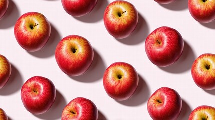 Repeating Apple Pattern on Light Background - Top Down Fresh Fruits Seamless Wallpaper with Soft Shadows Health Theme Minimalist Render