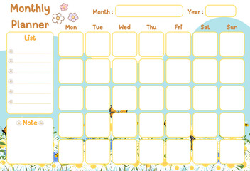 Monthly planner template with place for notes.