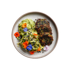 Gourmet Zucchini Fritters with Avocado Mash and Edible Flowers