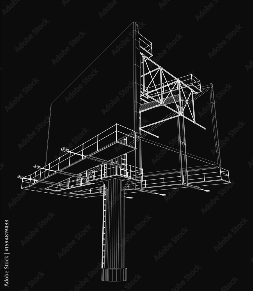 Poster a 3d wireframe billboard model stands on a central pole against a black background, featuring a grid