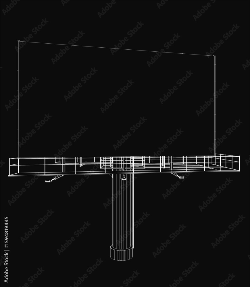 Poster a 3d wireframe billboard model stands on a central pole against a black background. the grid-like st