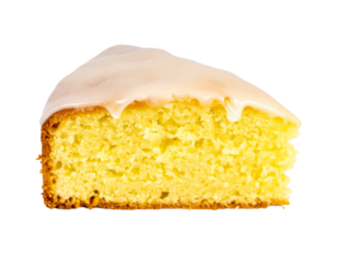 Lemon cake slice with glaze icing on transparent background
