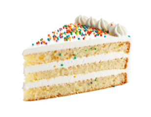 Vanilla party cake slice with sprinkles on transparent background
