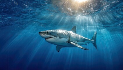 Fototapeta premium Great white shark, sunlight beams underwater