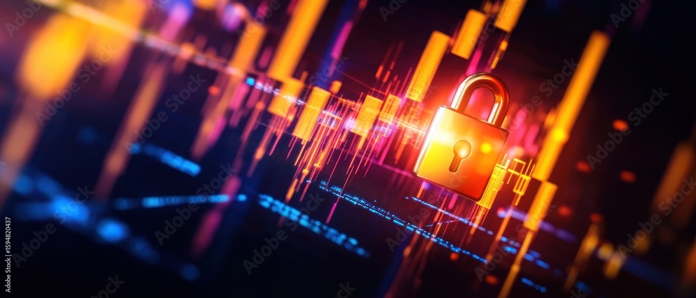 Poster a glowing padlock icon over a digital stock chart symbolizes cybersecurity and data protection in fi