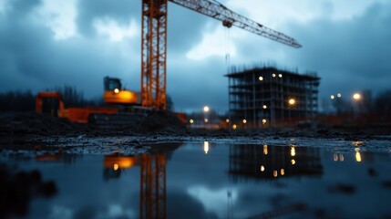 A construction site at dusk with a crane, machinery, and a building framework reflected in a water puddle under a cloudy sky.
