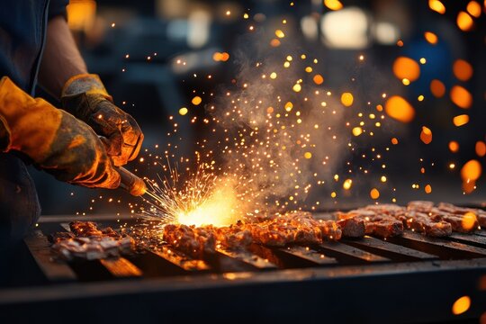 A person wearing protective gloves uses a tool to cut or weld metal on a grill, creating bright sparks and intense light in an industrial setting. - Powered by Adobe