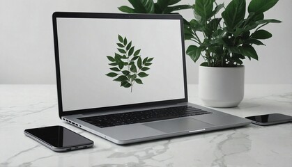 Laptop mockup with green leaves on white background, Generative AI