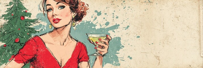 Festive celebration featuring a woman in a red dress holding a cocktail near a Christmas tree during the holiday season