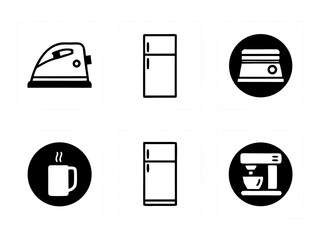 Collection of simple line art icons representing household appliances and beverages