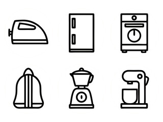 Collection of six simple line art icons of household appliances on an white background