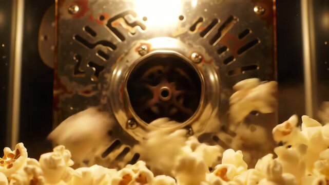 A mesmerizing slow motion shot of popcorn exploding inside a vintage popper machine