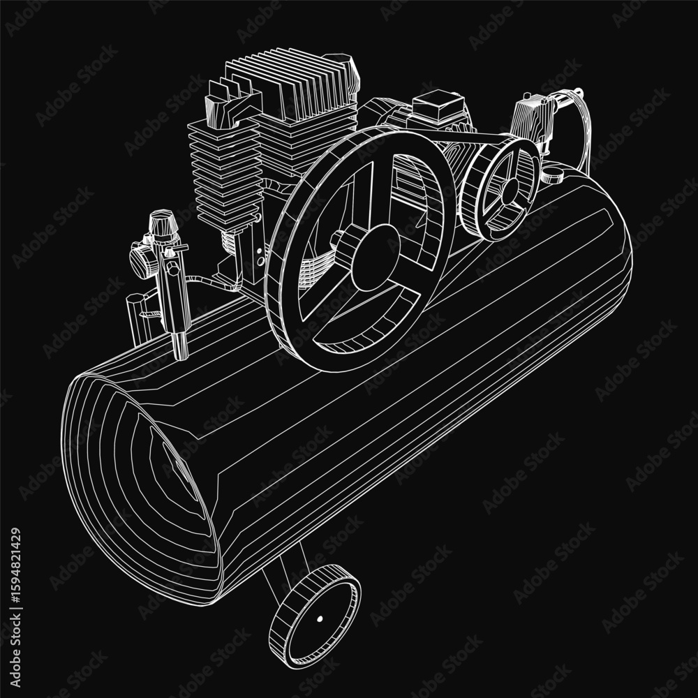 Poster a 3d model of an air compressor features precise contours and intricate blueprint details on a black