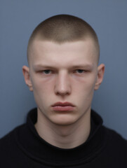 Fototapeta premium Serious Young Male Intensity Portrait Expression Hairstyle Denim Fashion Model Studio Neutral Style Modern Minimalist Headshot Urban Youth Androgynous Personality Confident Monochrome Aesthetic