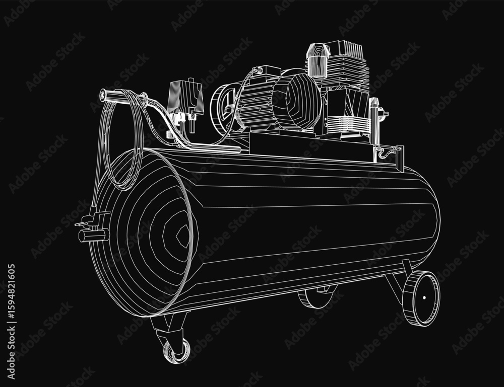 Poster a black and white 3d model of an air compressor with realistic contour details stands out on a dark 