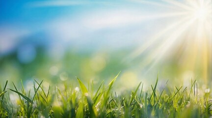 Beautiful sunny spring meadow with green grass and blue sky. Abstract background with light bokeh and space for text.