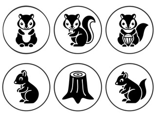 Cute black and white squirrel icons and tree stump