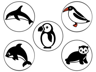 Cute cartoon icons of marine animals and birds in circles