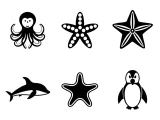 Collection of six simple black and white marine animal icons in circles