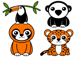 Cute cartoon jungle animals including toucan sloth and leopard
