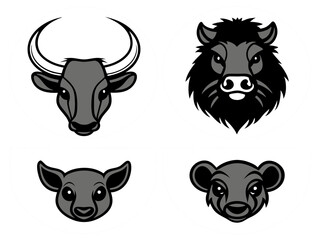 Stylized animal heads featuring a bull boar deer and bear