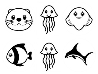 Cute cartoon sea creatures collection otter fish jellyfish and dolphin icons