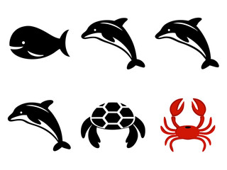 Collection of stylized marine animals including dolphins a whale a turtle and a crab