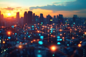Obraz premium smart city tech overlay, glowing network system, ICT visual concept