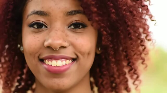 Portrait of a beautiful smiling African American woman with red curly hair freckles and dimples