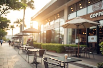 Cozy outdoor cafe setting on a sunny day with soft sunlight creating a warm atmosphere