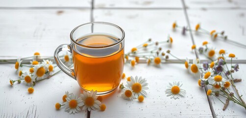 Steaming mug of herbal tea, chamomile flowers scattered on rustic white wood,  wood,  organic
