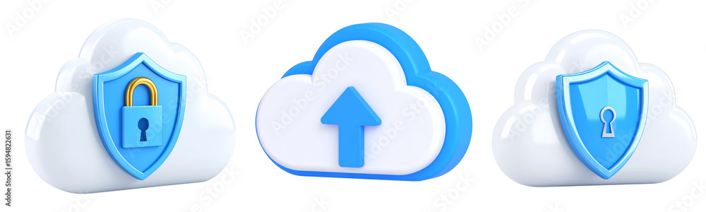 Poster cloud shield padlock upload security data protection blue white 3d icon technology internet privacy 