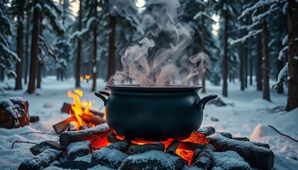 Steam rises from a cauldron simmering over a campfire in a snowy pine forest,  camping gear,  snow covered trees
