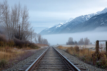 Fototapeta premium Foggy Railroad Tracks Leading Toward Snowy Mountains in Autumn Landscape