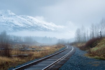Fototapeta premium Foggy Railroad Tracks Leading Toward Snowy Mountains in Autumn Landscape