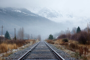 Fototapeta premium Foggy Railroad Tracks Leading Toward Snowy Mountains in Autumn Landscape