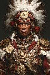 Obraz premium Indigenous Warrior Portrait Traditional Headdress Feathers Armor Ceremonial Tribal Jewelry Strength Craftsmanship Historical Pride Heritage Power Mystique Patterns Artifacts Men's Fashion Regal Nature