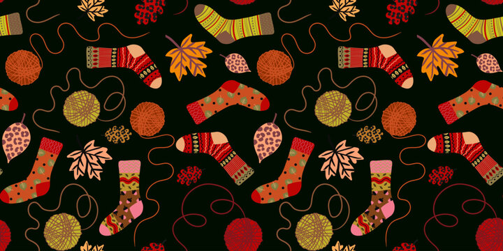 vector autumn pattern with knitted socks falling leaves yarn balls and thread lines for textile and packaging