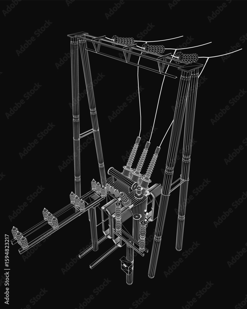 Poster a high voltage transformer 3d wireframe model displays intricate electrical components on a black ba