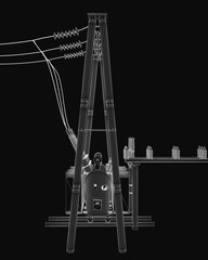 A black and white wireframe drawing of a power line tower with interconnected poles and cables. The electrical substation structure stands against a deep black background.
