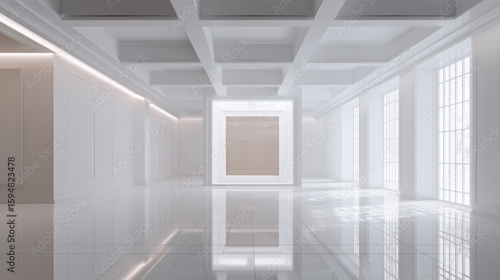 Poster bright and spacious gallery interior featuring large windows and clean design with minimalist artwor