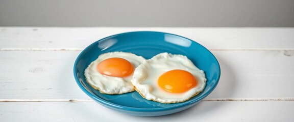 Two fried eggs on a blue plate, white wooden background,   fresh,   overhead shot