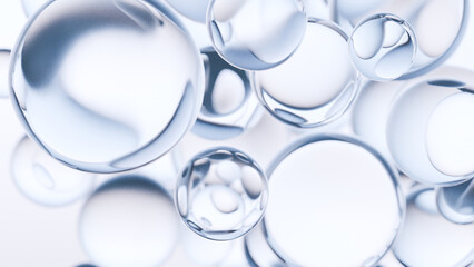 essential Oil Bubbles for cosmetics in water. blue liquid bubbles, fluid flow. Collagen, atoms floating, Moisturizing Cream, Skin Serum, Vitamin, beauty concept, 3d render