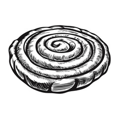 Ensaimada pastry illustration of a sweet spiral bun. Detailed ensaimada pastry drawing showcases its flaky layers and powdered sugar dusting, ideal for bakery menus and dessert promotions.